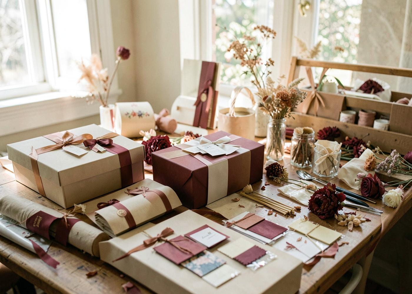 Gift Mania studio table with curated boxes, ribbons and stationery