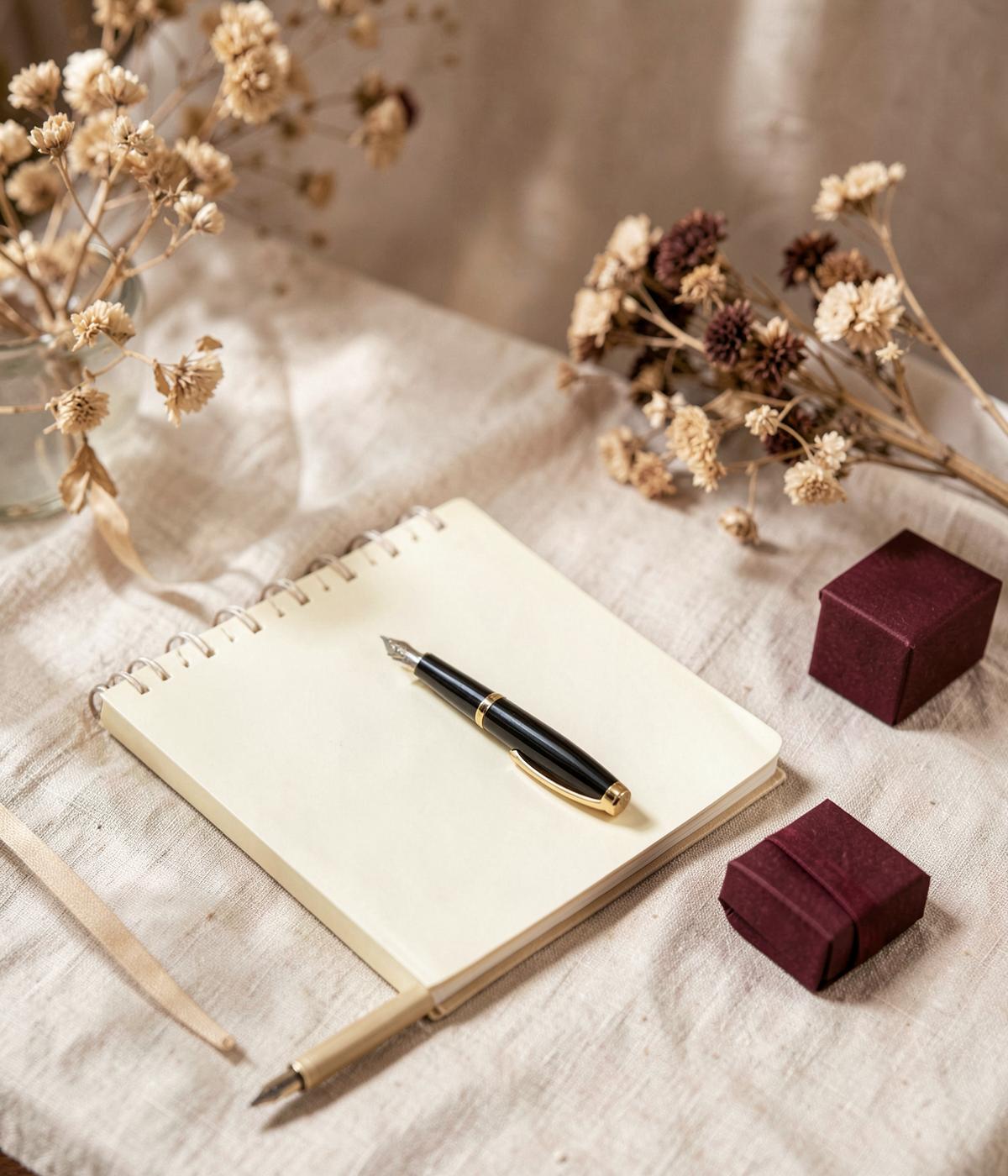 Notebook, fountain pen and small burgundy gift boxes on linen