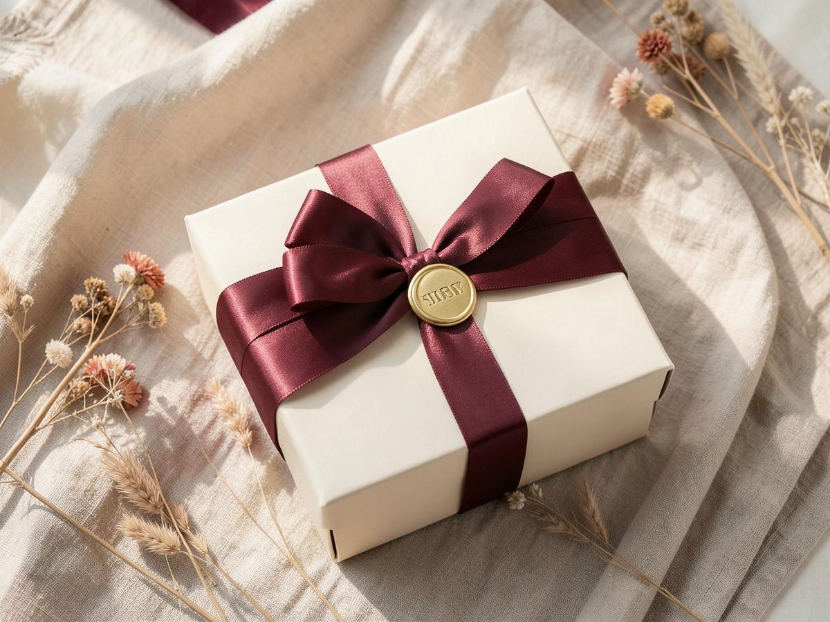Cream gift box with burgundy ribbon and gold wax seal